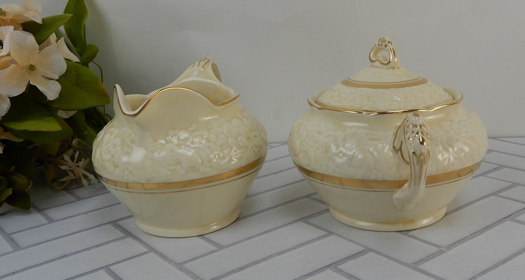 Vintage Crown Ducal Gold Gild Band Florentine Sand Cream Sugar Bowl and Creamer