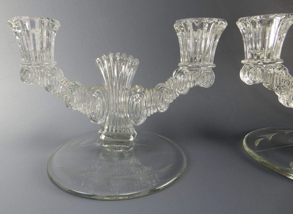 Pair of Paden City Largo Double Light Candle Holders Etch Leaf Base