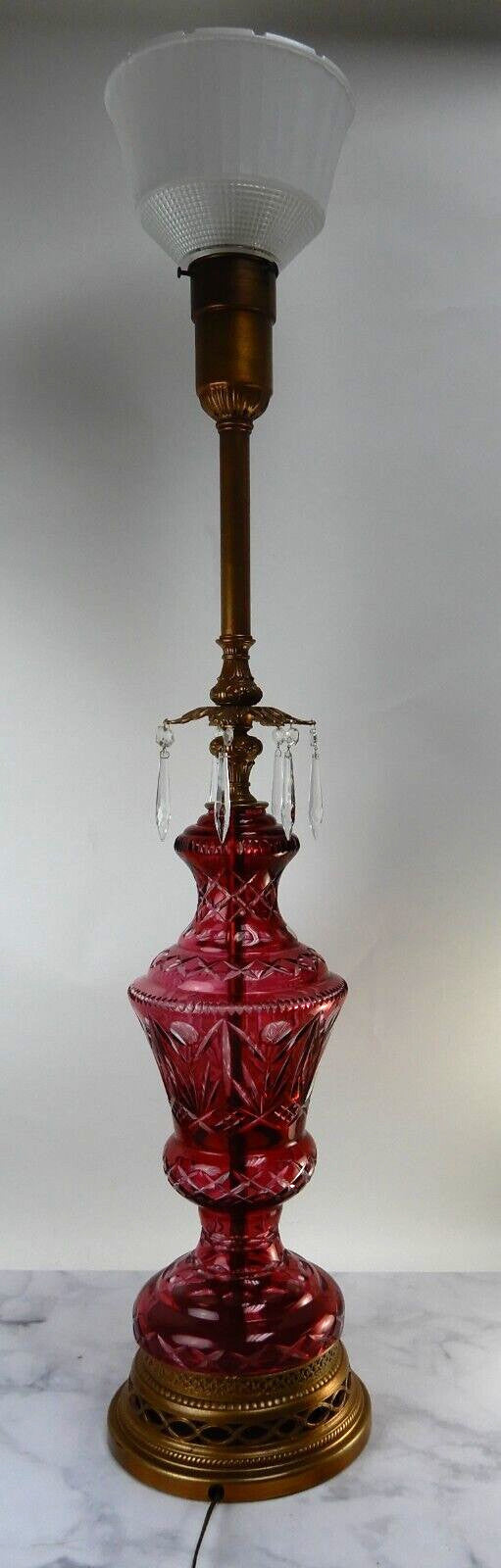 Vtge Western Germany Ruby Red Hand Cut Lead Crystal 3 Way Table Lamp 44-1/2" H