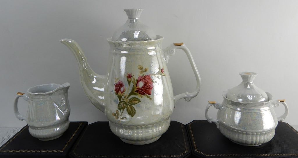 Vintage Iridescent Wloclawek Porcelain 13 Piece Tea Service Poland Set