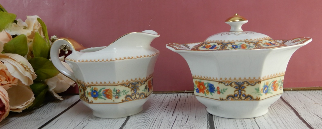 Pricess-China Geo F Bassett Bavaria Belwood Sugar Bowl&Creamer "Lowell Pattern"
