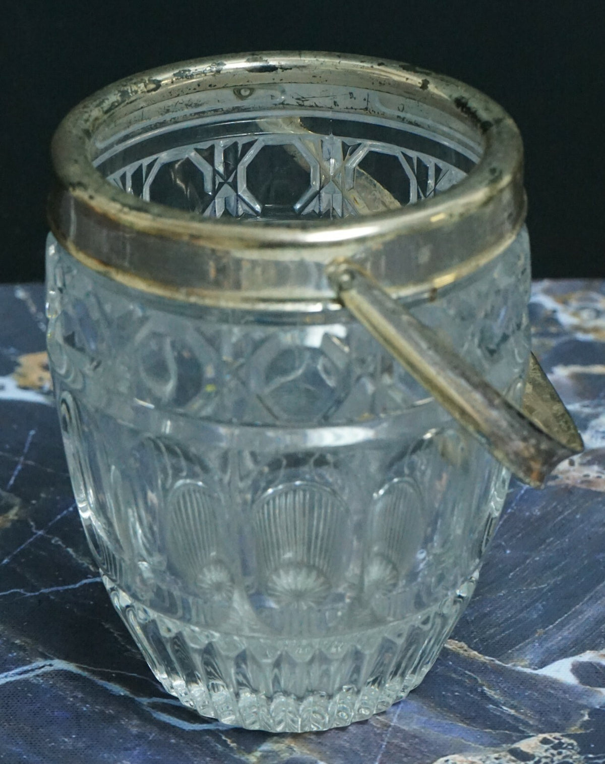 Vintage Small Press Clear Glass Ice Bucket with Silver Plated Handle