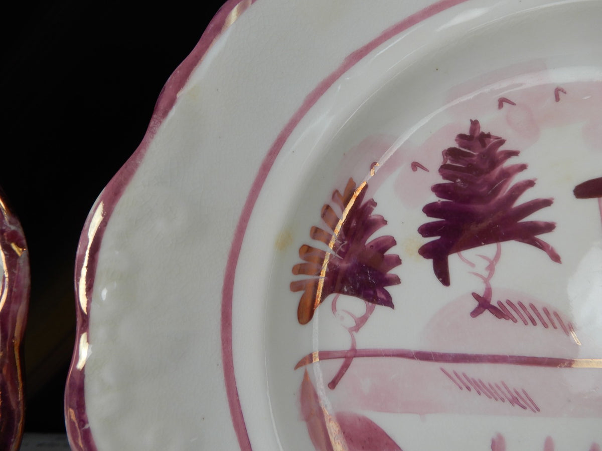 Antique Staffordshire Pink Luster Pearlware Embossed Handled Plates