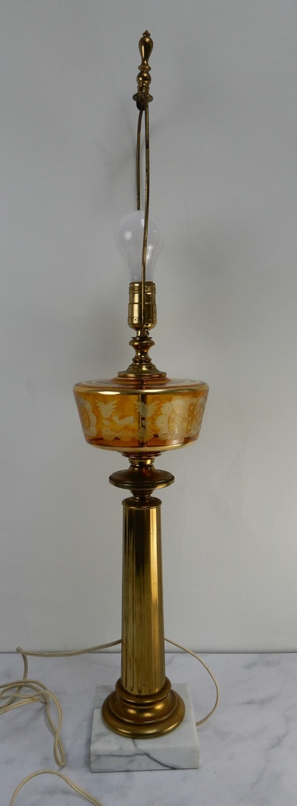 Vintage Czech Bohemian Amber Glass Etched W/ Brass Pilar Table Lamp Marble Base