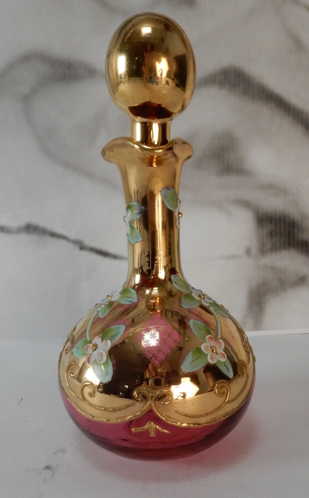 Vintage Glass Czech Bohemia Hand-Painted Red Cruet with Stopper