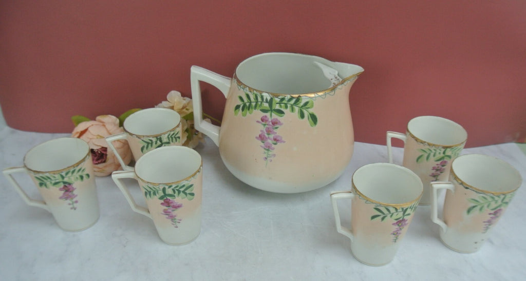 Vintage JE-OH China Lemonade/Cider Pink Floral Pitcher with 6 Cups