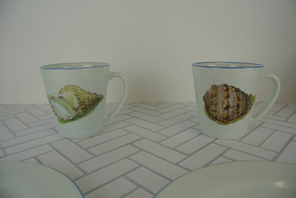 Set of 2 Sea Shell Dinnerware Two Plates, Two Mugs Made in Italy "A"