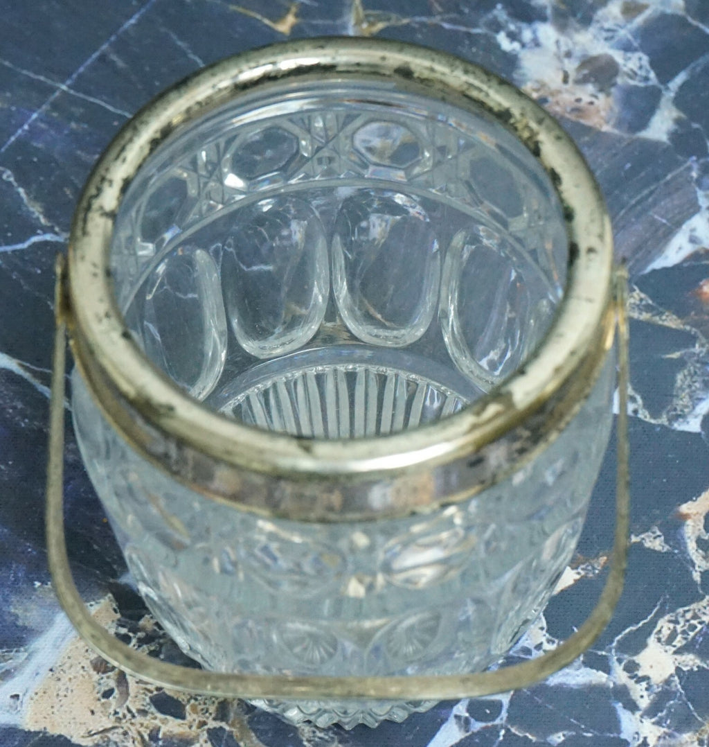 Vintage Small Press Clear Glass Ice Bucket with Silver Plated Handle
