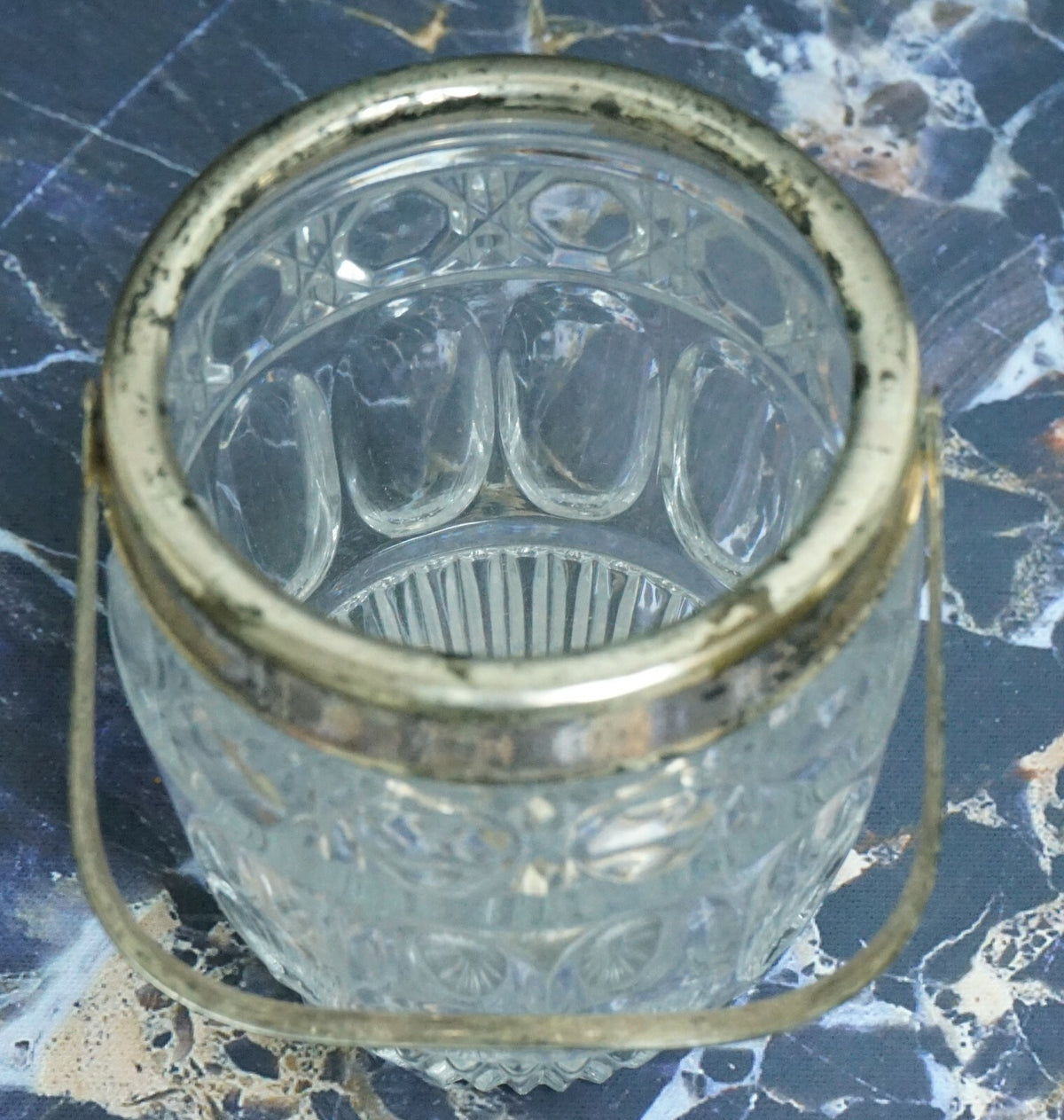 Vintage Small Press Clear Glass Ice Bucket with Silver Plated Handle