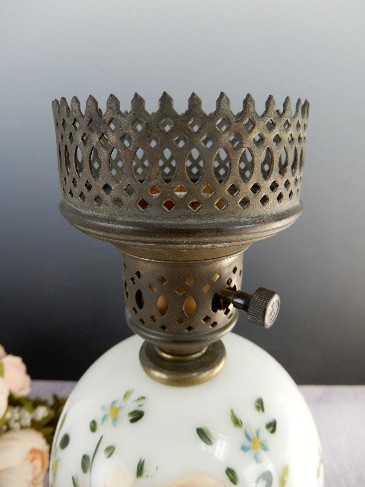 Vintage Marble Base Table Lamp Milk Glass Hand Painted Flower