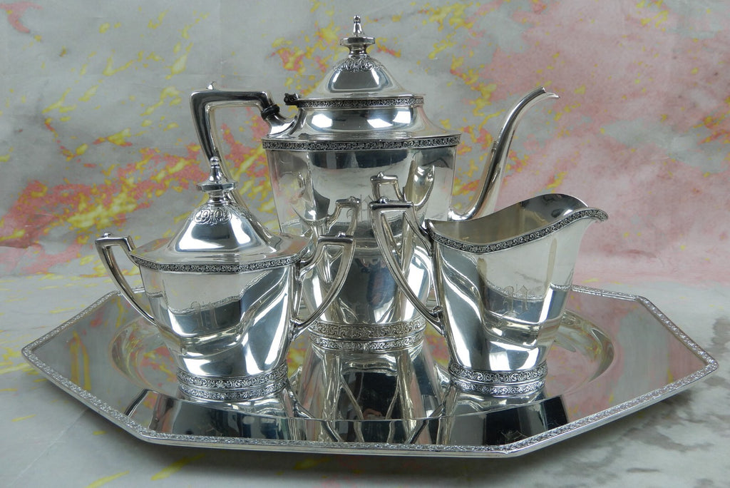 Andover Silver Plated Coffee Pot, Creamer, Sugar Bowl with Tray