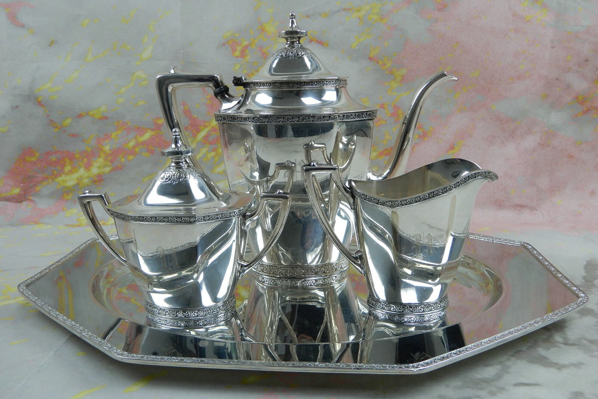 Andover Silver Plated Coffee Pot, Creamer, Sugar Bowl with Tray
