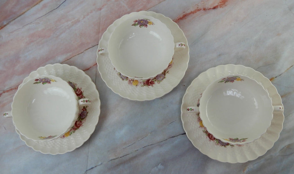 Vtg Copeland Spode "Rose Briar" Set of 3 Cream Soups and Saucers Made In England