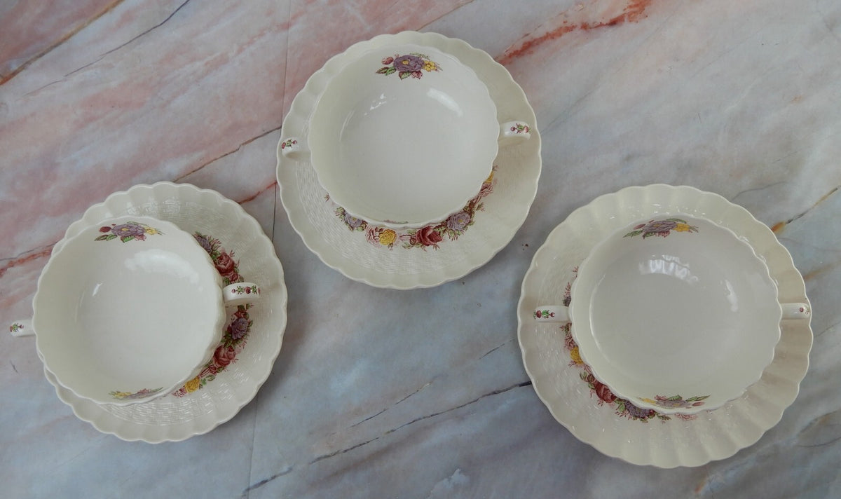 Vtg Copeland Spode "Rose Briar" Set of 3 Cream Soups and Saucers Made In England