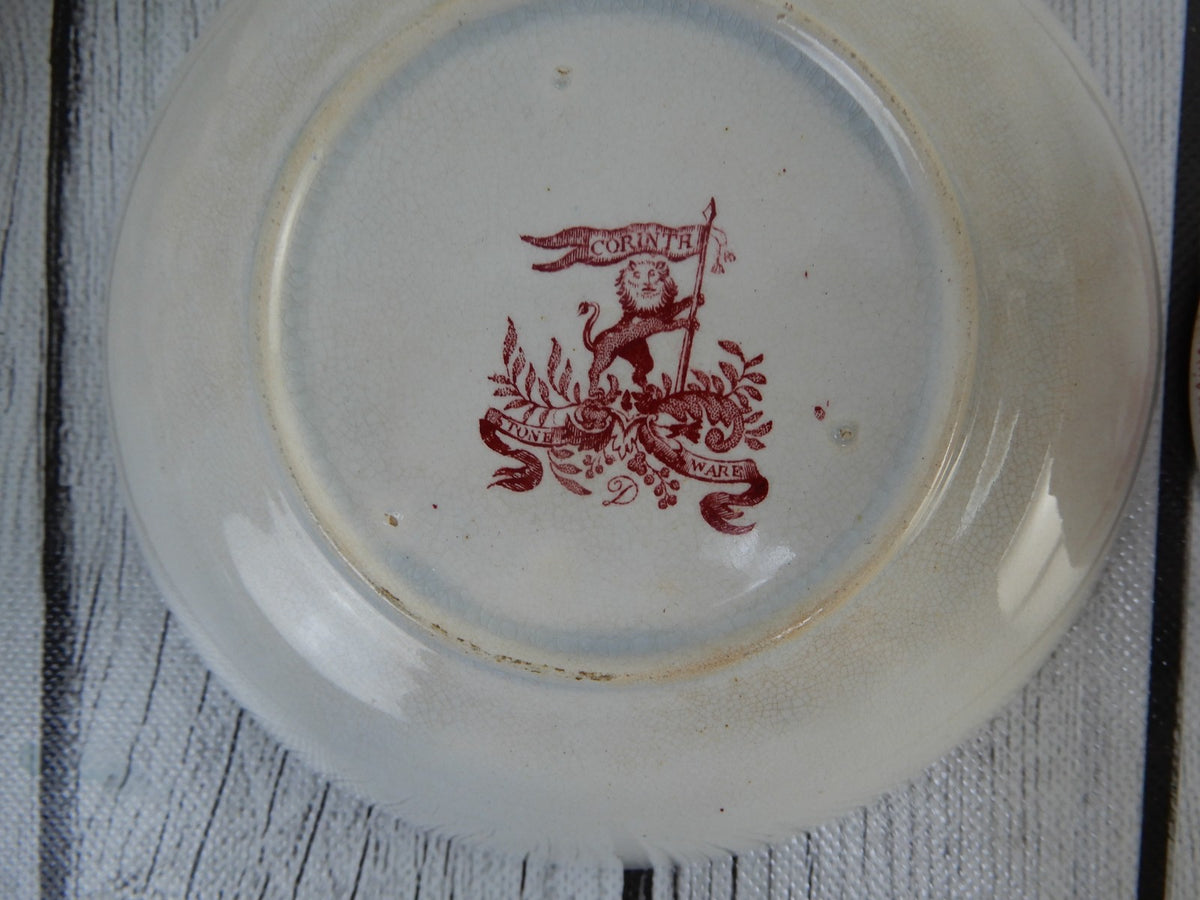 Corinth Pattern Cramberry Red Transferware Handleless Cup and Saucer