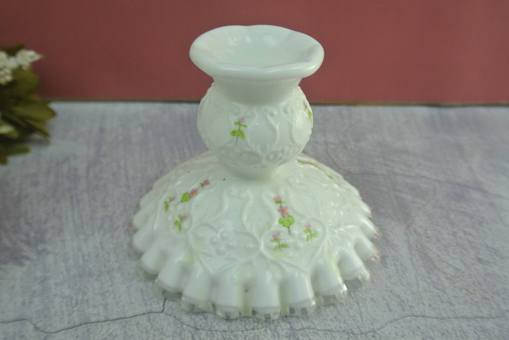 2 Fenton White Milk Glass Silver Crest Spanish Lace Candlestick Holders Signed