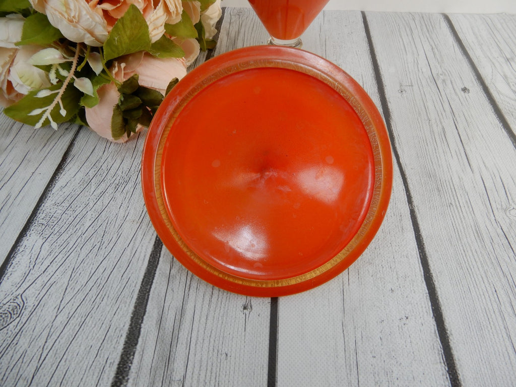 Vintage Rambler Rose Orange Glass Gold  Footed Candy Dish w/Lid