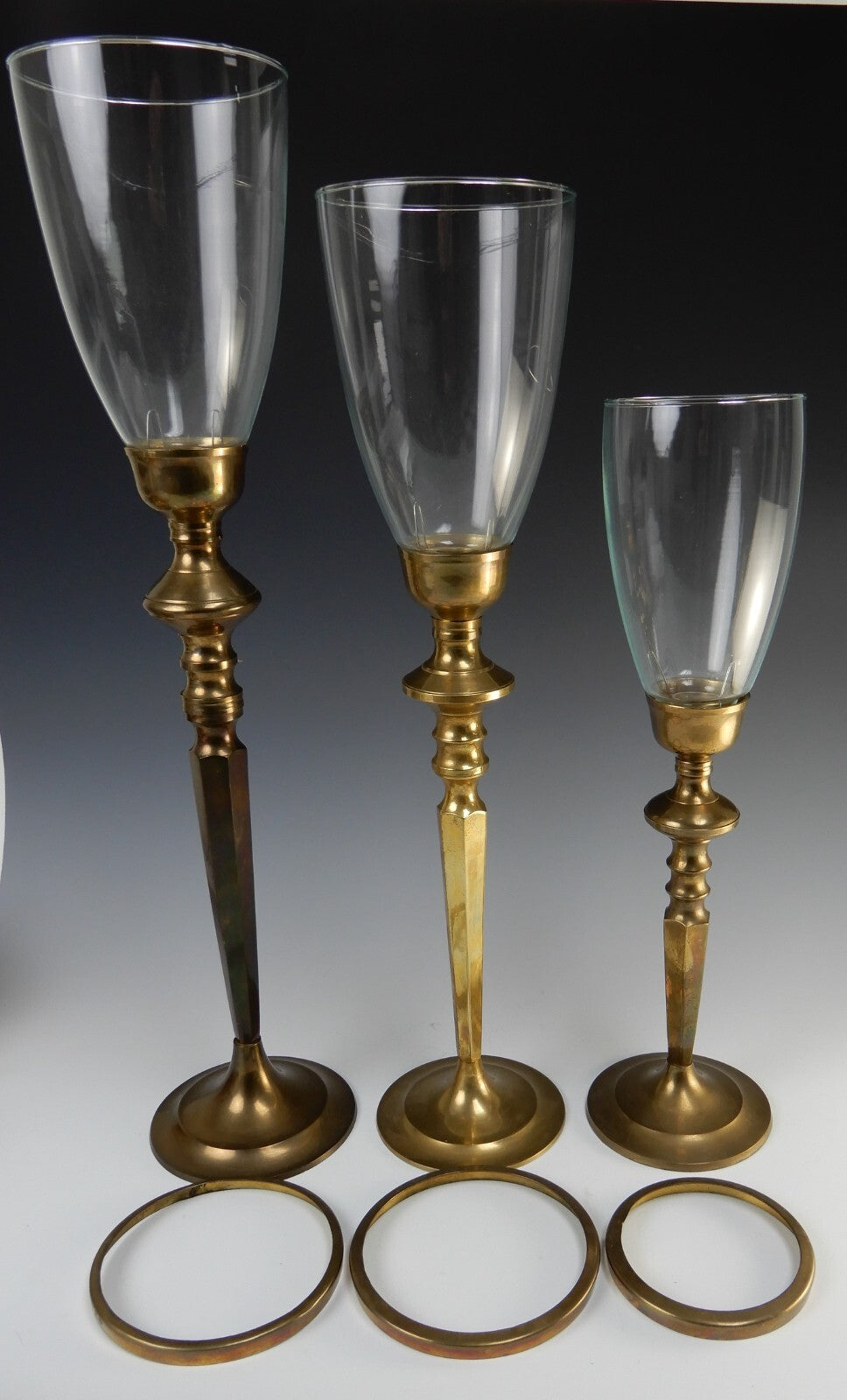 Three Vintage Brass Tiered Candle Holders W/Glass Shades 21-3/8", 19-1/4", 16"