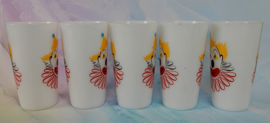 Set of 5 Hazel Atlas Milk Glass Clown Face High Ball Tumbler Glass 11 oz