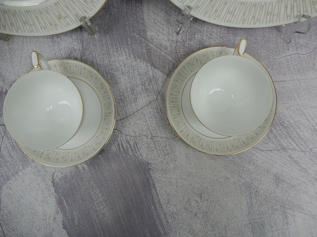 Mikado Malay Gold & Gray Pieces Two Dinner Plates,Two sets of Cups and Saucers