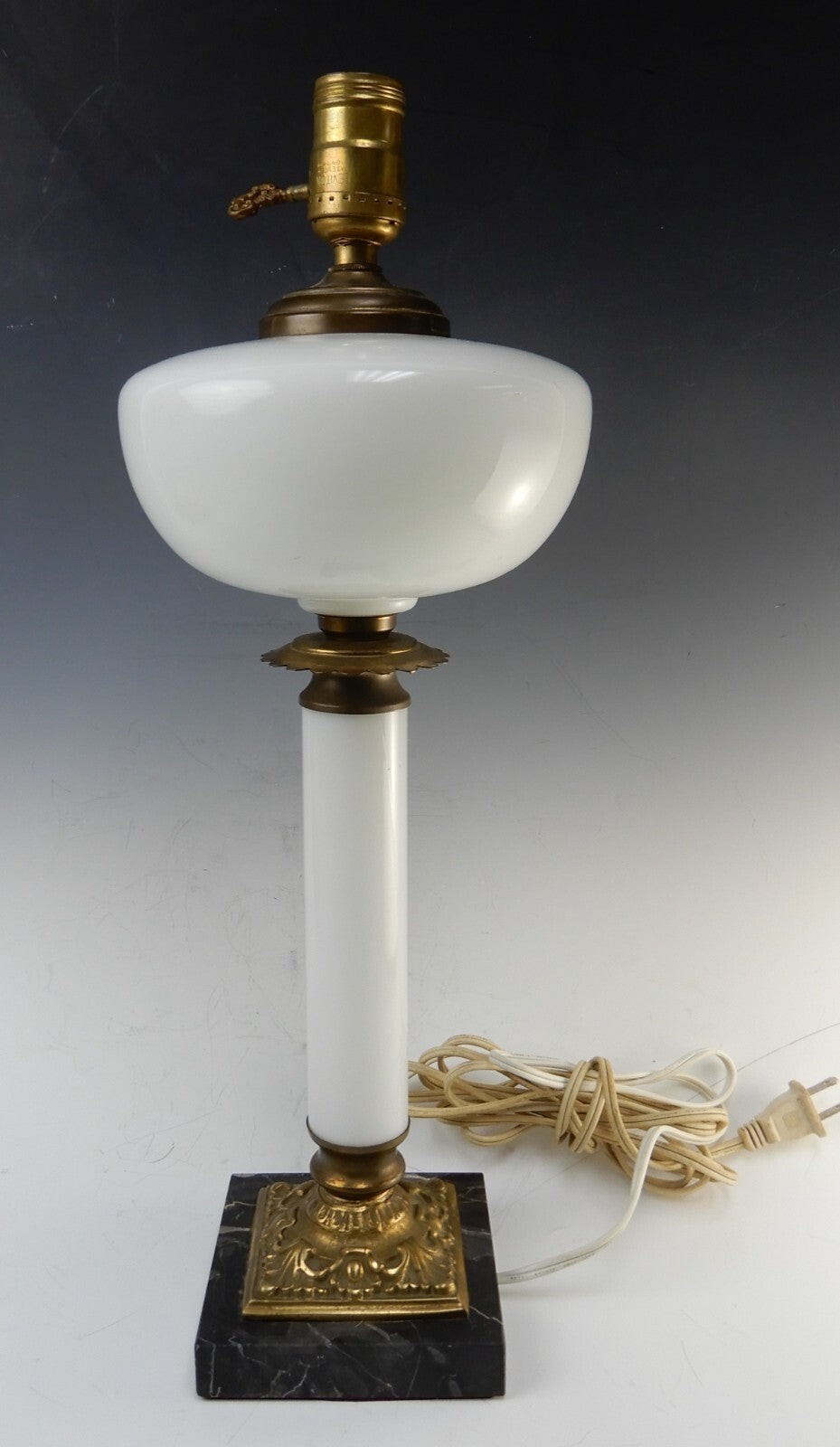 Vintage Milk Glass Black Marble Tall Table Lamp 19-1/4"