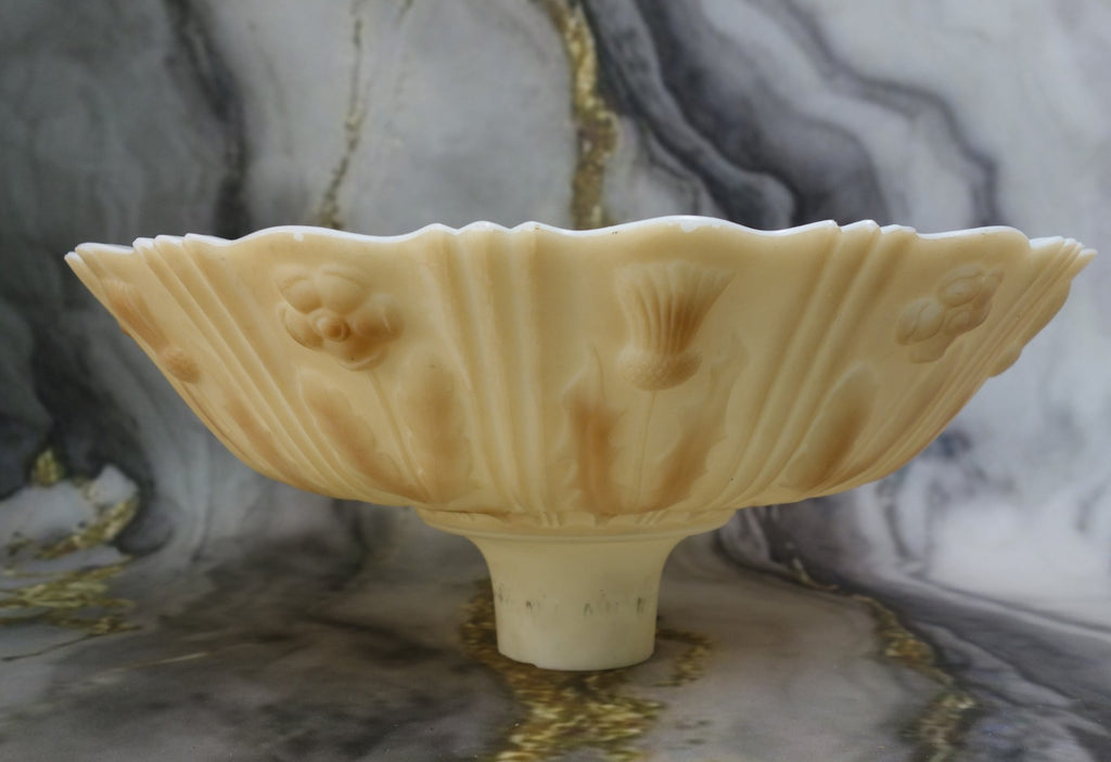 Heavy Torchiere Opaque White & Caramel Shade Embossed Art Deco for Floor Lamp
