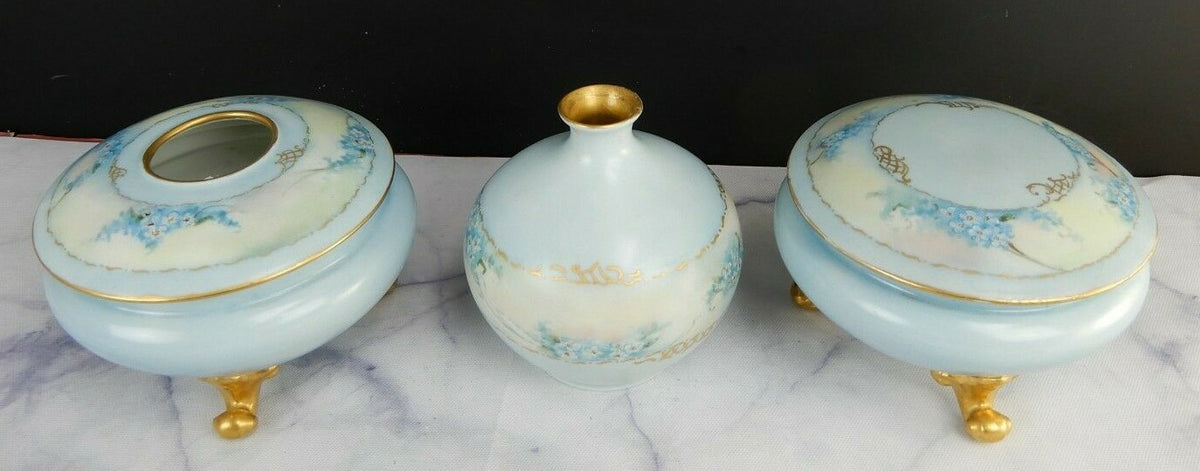 O.& E.G. Royal Porcelain Flower Vase, Hair Receiver, And Powder Jar Vanity Set