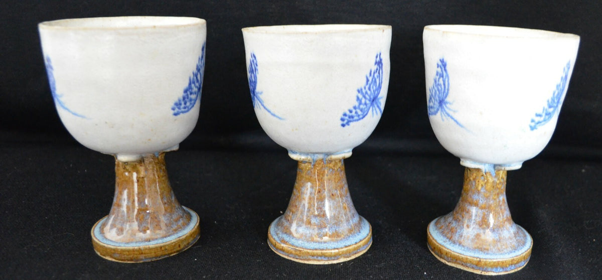3 Pottery Goblets/Chalice-Drip Glaze-with Earthtones Unsigned
