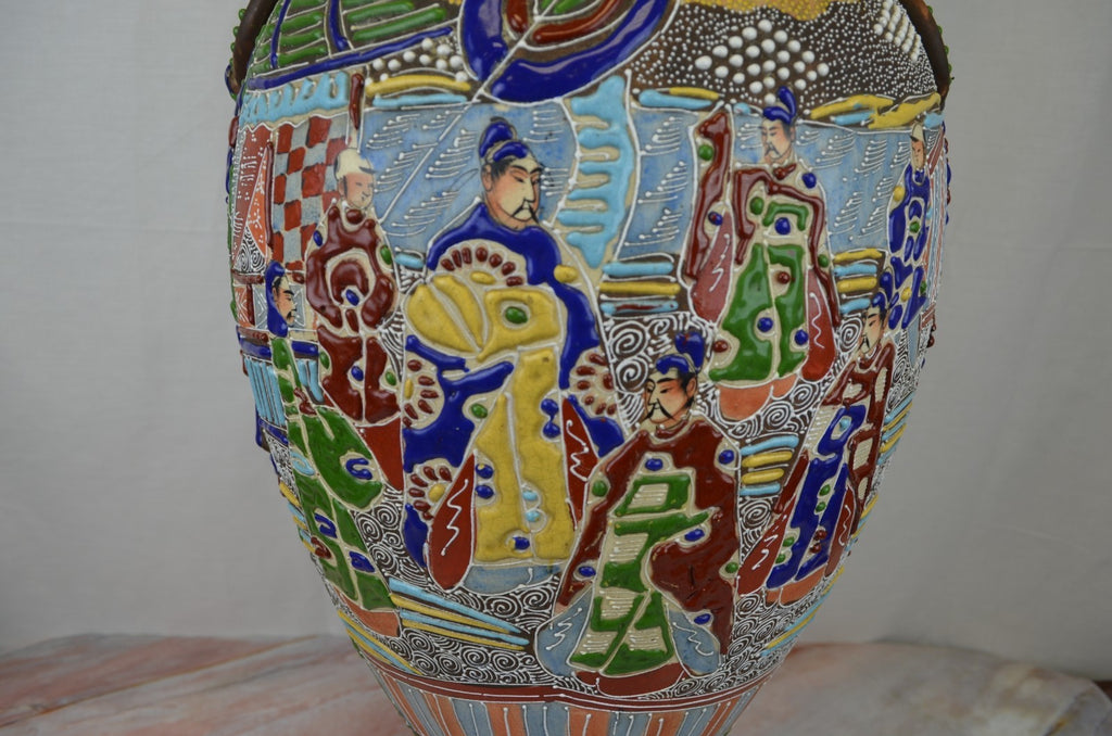 Antique c. Meiji Japanese Moriage Satsuma Detail Handpainted Vase,25" Tall