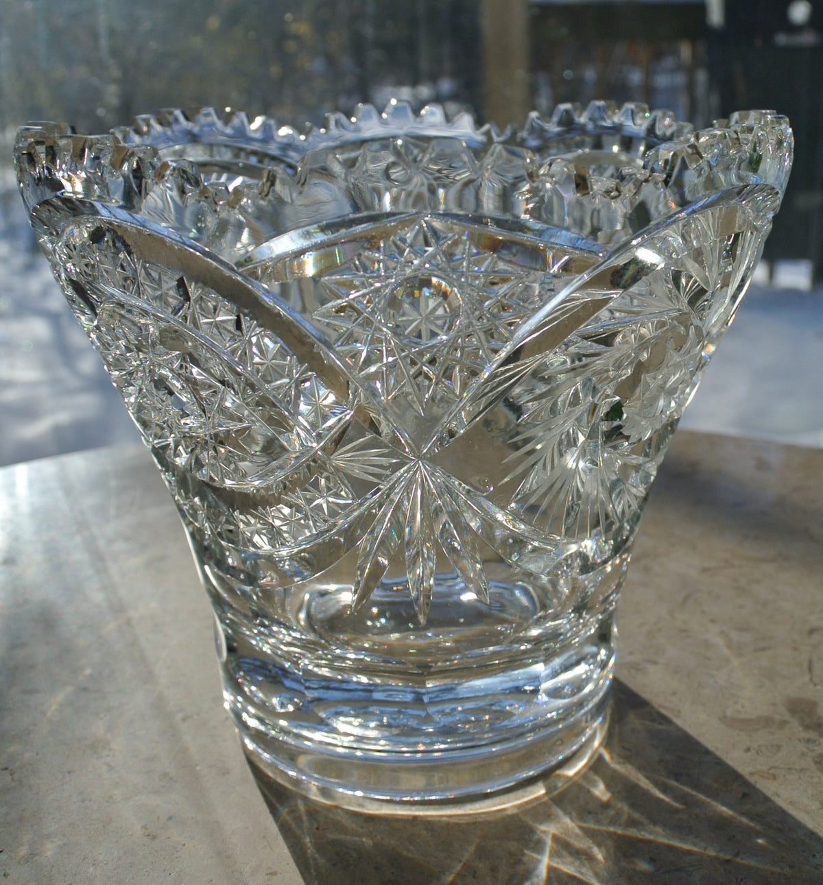 American Brilliant Period Hand Cut Glass Vase w/Hobstar, Pinwheels,Saw Tooth Rim