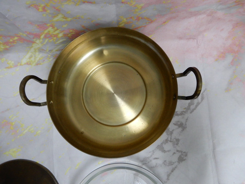 Vtge Brass Chafing Dish Buffet Three-legged Stand Warmer w/ PYREX  Insert