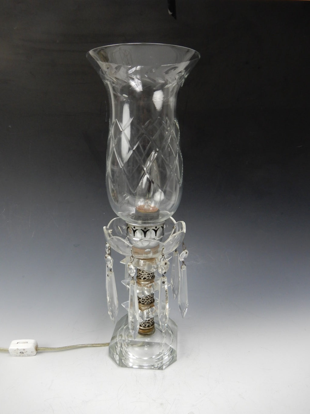 Vintage Crystal Boudoir Table Lamp W/Hanging Prisms and Flicker Flame  Bulb