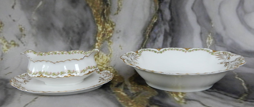 Antique Haviland Limoges "Clover Leaf " Oval Vegetable Bowl and Gravy Boat