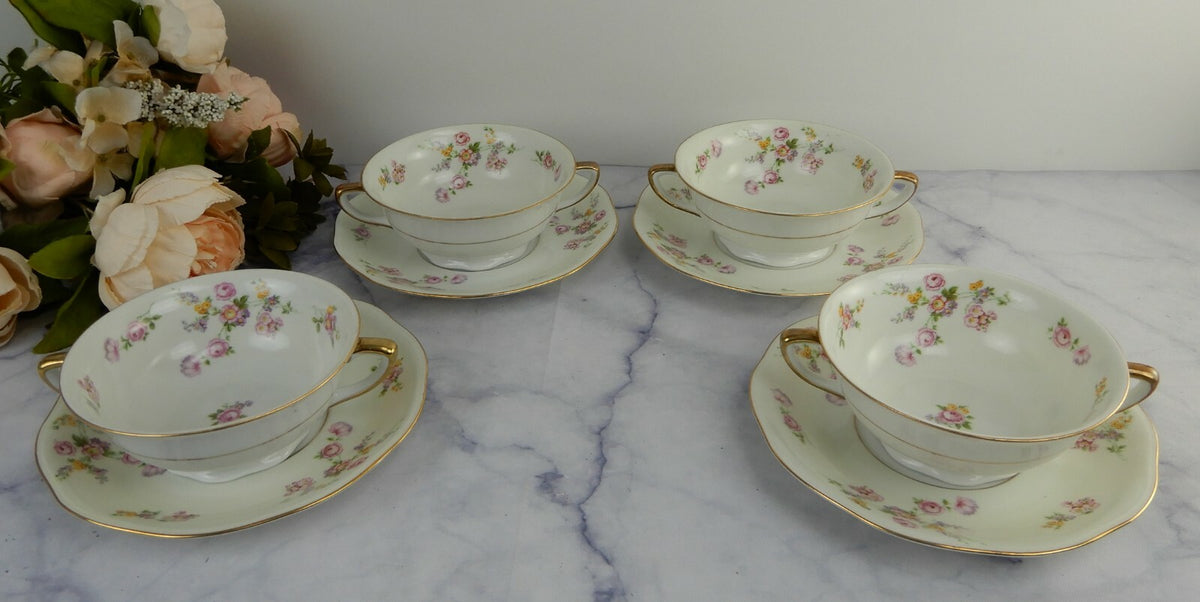4 Baronet "Silvia" Made in Bohemia Czechoslovakia Soup Cups & Saucers