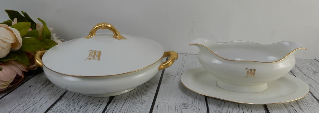Vintage Haviland Limoges France Tureen and Gravy Boat W/with Letter M