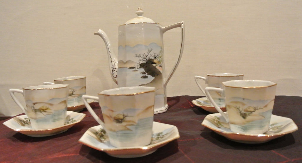 Vintage TE-OH China Tea/Coffee Pot w/ 5 Cups and Saucers Hand Painted Oriental
