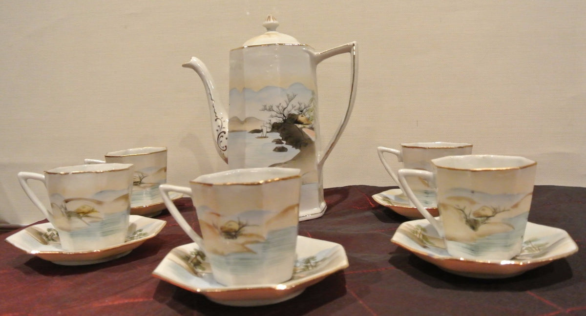 Vintage TE-OH China Tea/Coffee Pot w/ 5 Cups and Saucers Hand Painted Oriental