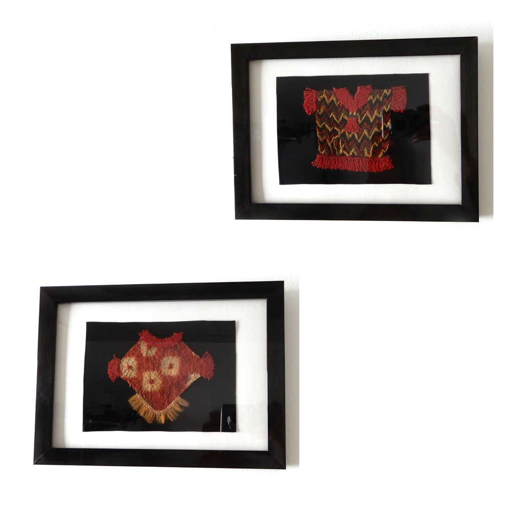 Set of Two Precolombian Woven Textile Small Doll Dress Framed 11" X  8"