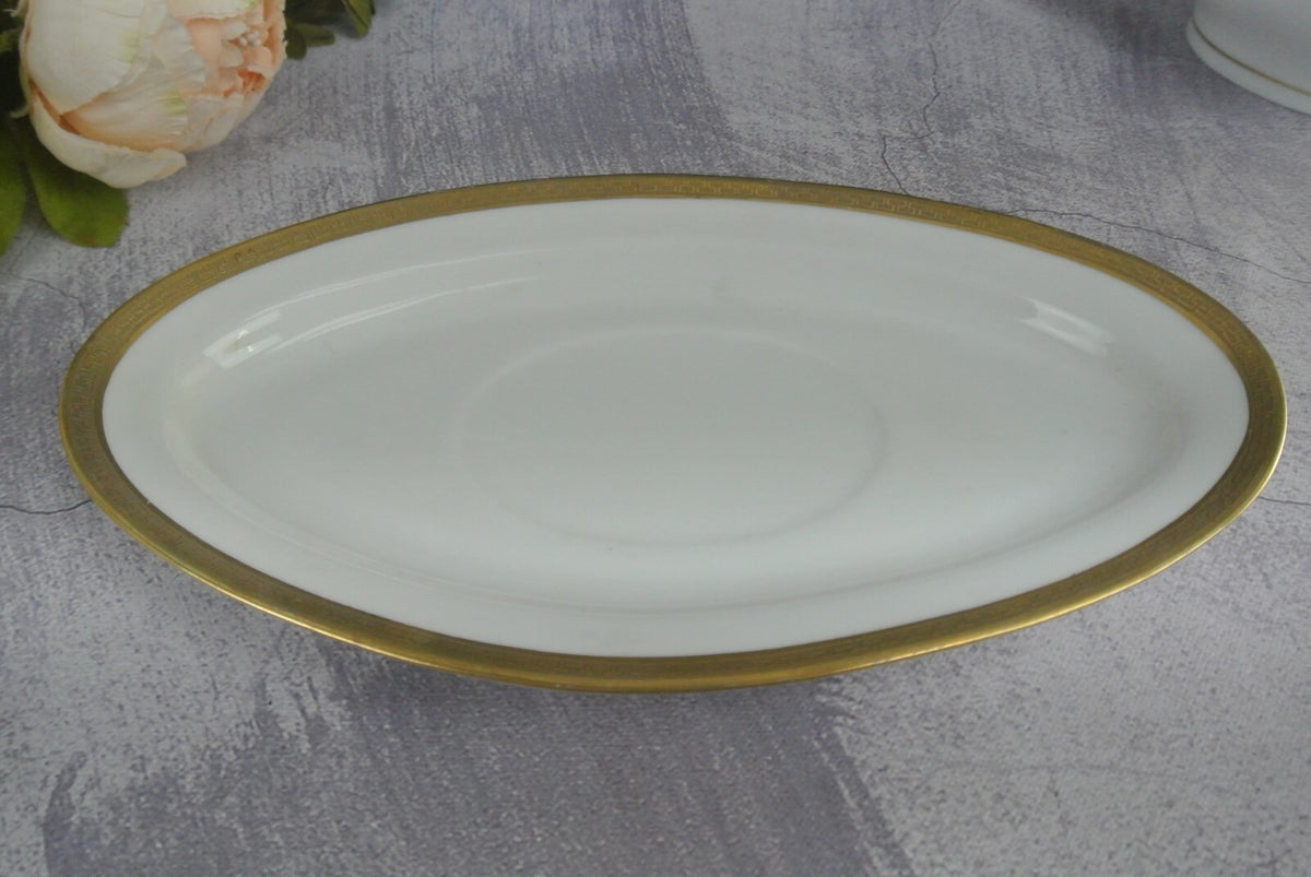 Vintage O&EG Royal Austria Greek Key Gold Trim Gravy Boat W/ Underplate