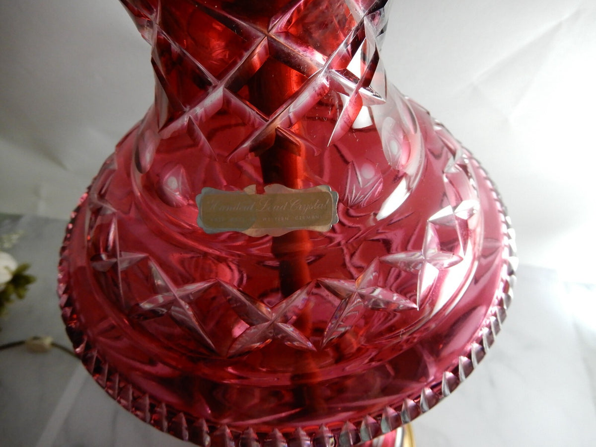 Vtge Western Germany Ruby Red Hand Cut Lead Crystal 3 Way Table Lamp 44-1/2" H