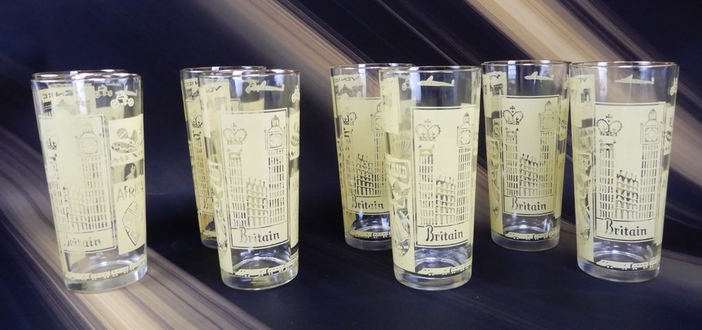 8 Piece Vintage High Ball Yellow Glass Travel Tumblers World Destination 16 oz