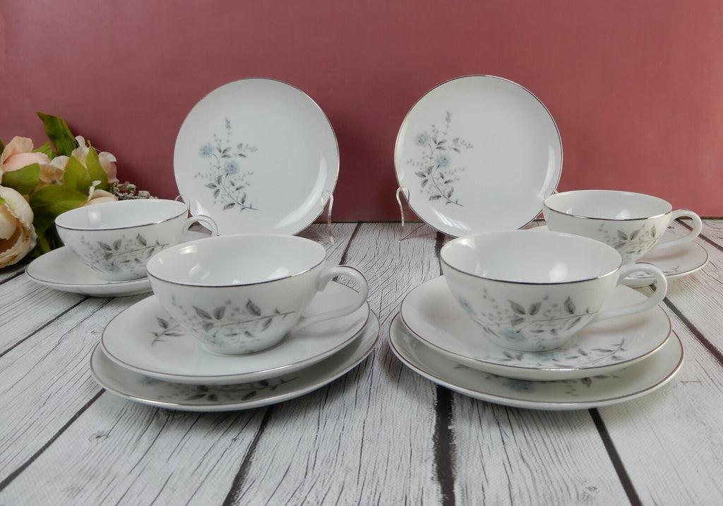 4 Vintage Diamond Fine China "Blue Rose" Japan Trio Set Cup,Saucer & Plate
