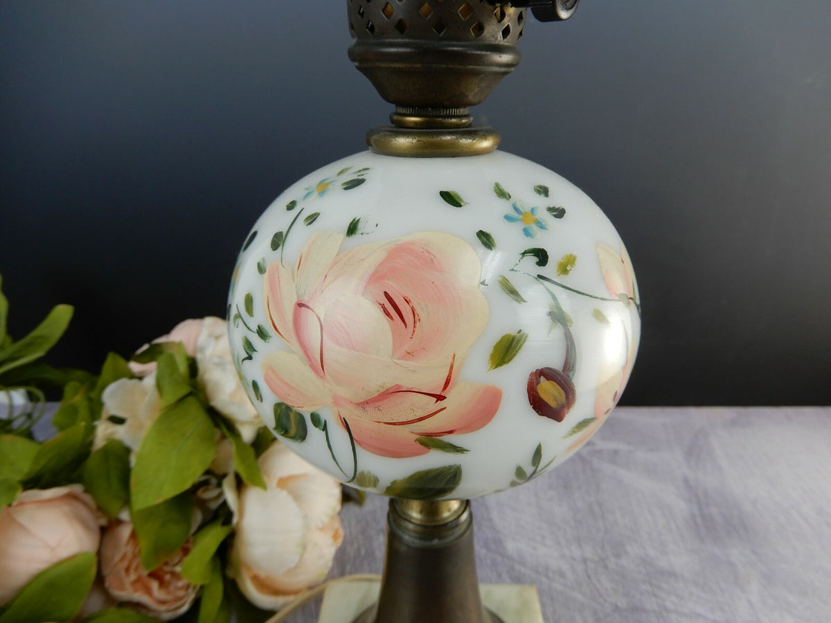 Vintage Marble Base Table Lamp Milk Glass Hand Painted Flower