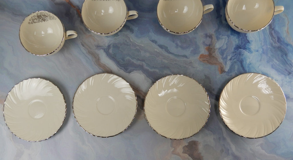 Vintage Lenox "Valera" Set of 4 Cups and Saucers Platinum Scroll Medallion