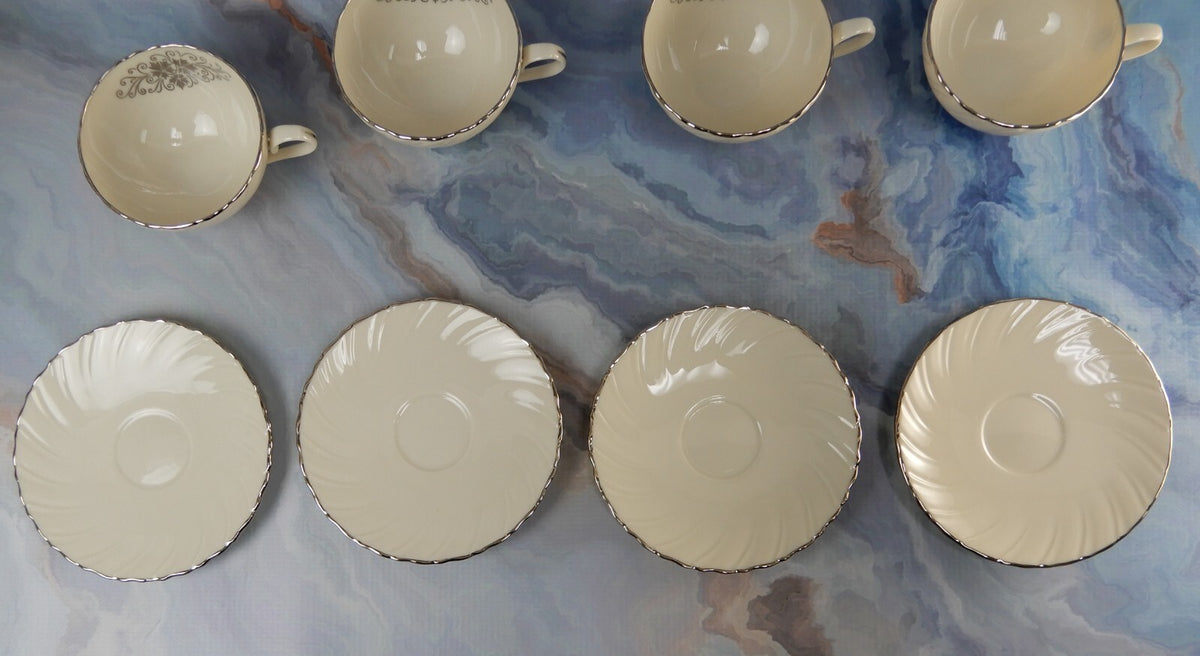 Vintage Lenox "Valera" Set of 4 Cups and Saucers Platinum Scroll Medallion