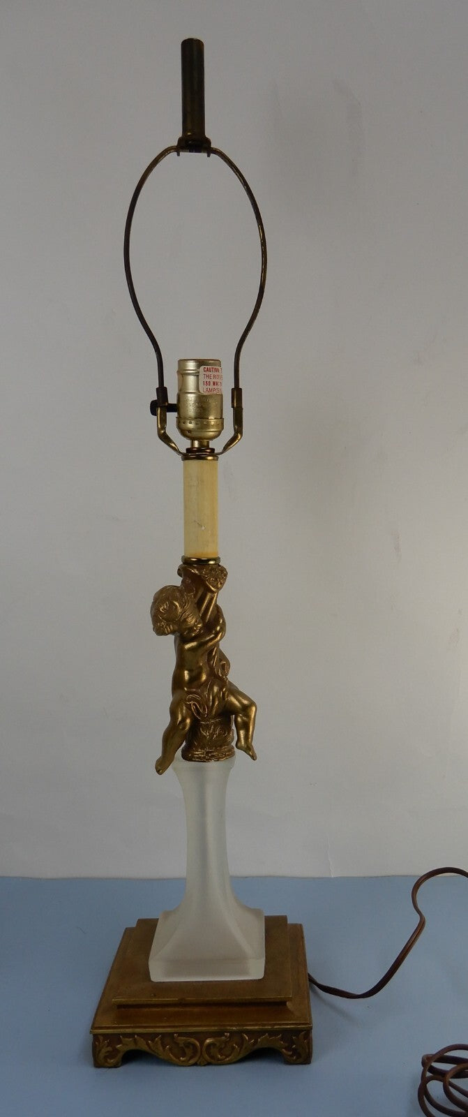 Vintage Tall Cherub Brass and Frosted Glass 3- Way Table Lamp