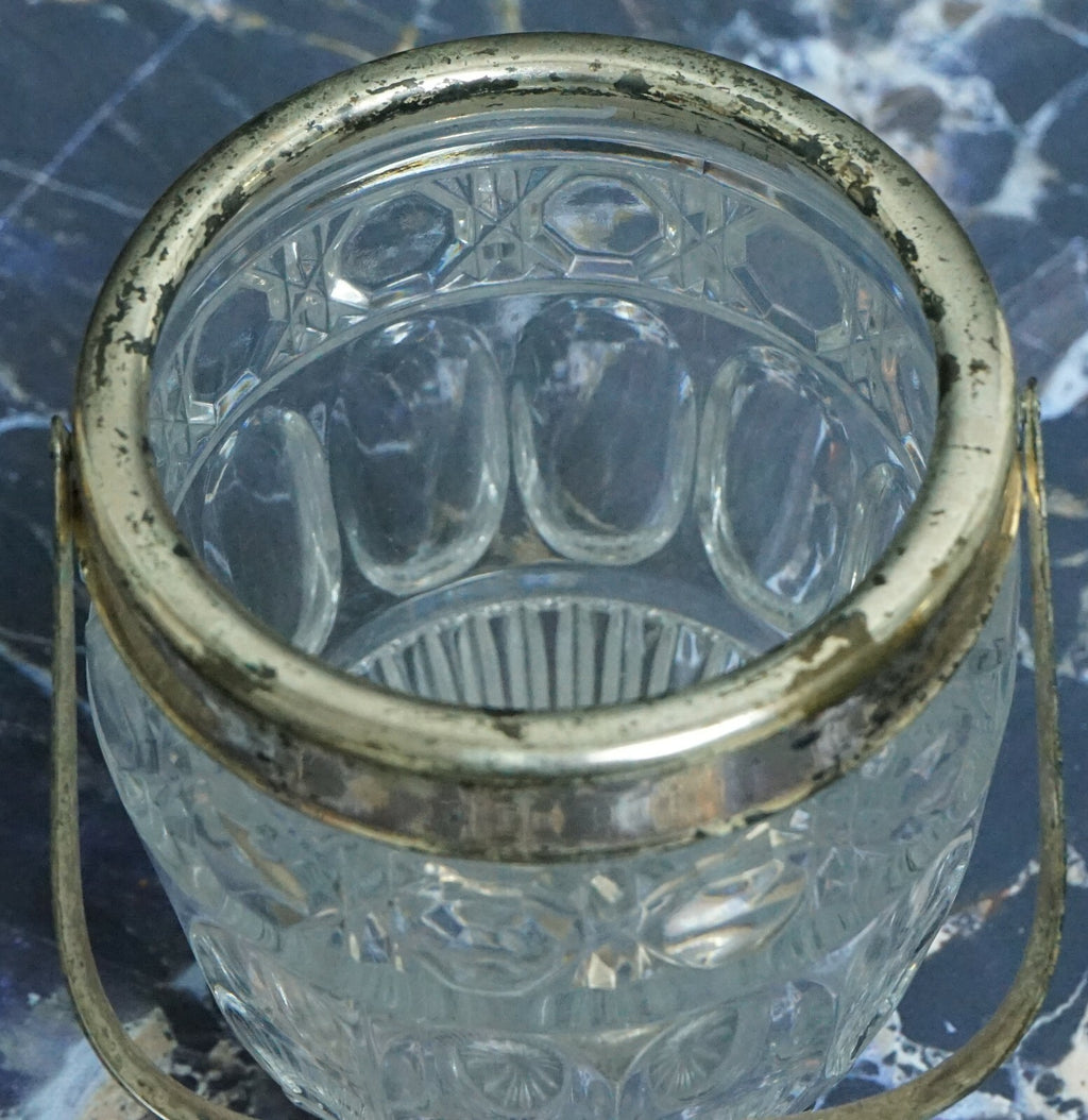 Vintage Small Press Clear Glass Ice Bucket with Silver Plated Handle