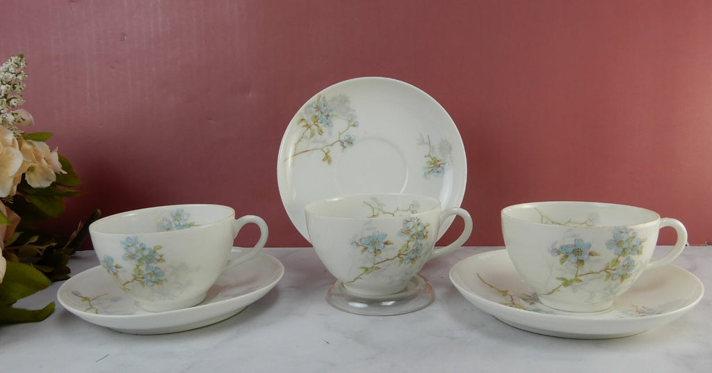 Antique Limoges A. Lanternier France Porcelain Blue Floral 3 Cups and Saucers
