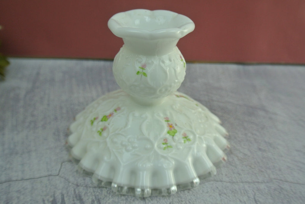 2 Fenton White Milk Glass Silver Crest Spanish Lace Candlestick Holders Signed
