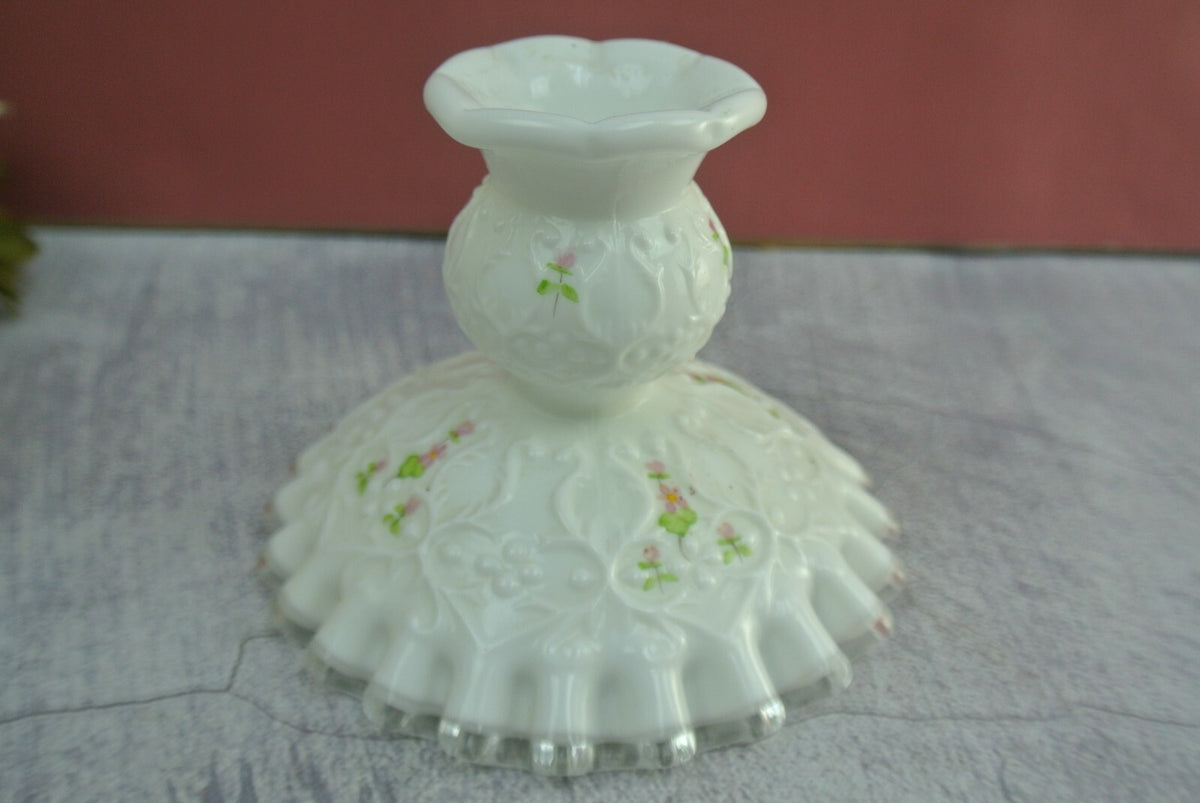 2 Fenton White Milk Glass Silver Crest Spanish Lace Candlestick Holders Signed